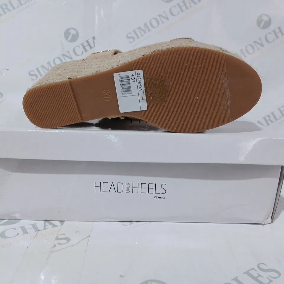 BOXED PAIR OF HEAD OVER HEELS DOUBLE BAND WEDGE SHOES IN NUDE COLOUR W. JEWEL EFFECT SIZE 4