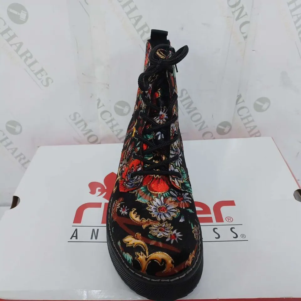 BOXED PAIR OF RIEKER LACE UP BOOTS MULTI/FLORAL PATTERN - SIZE 38