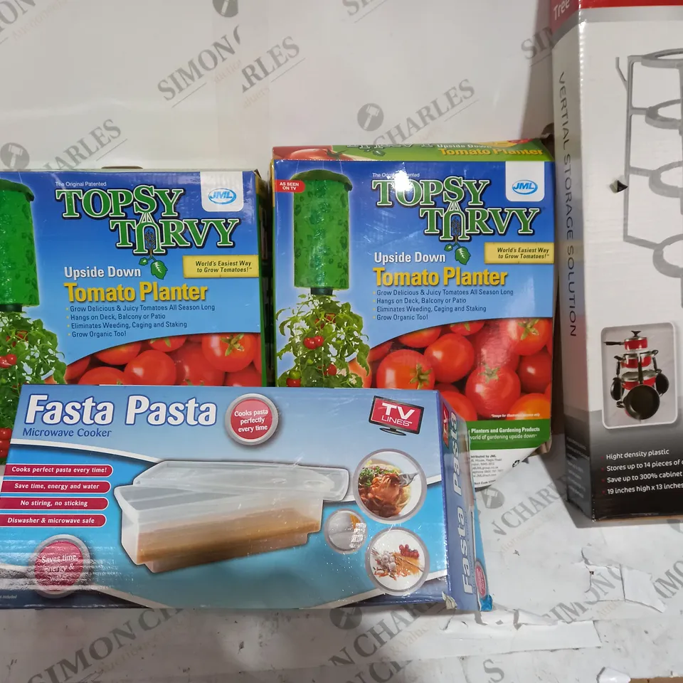 BOX OF 4 ASSORTED HOUSE HOLD ITEMS TO INCLUDE TOMATO PLANTER, PAN RACK ETX