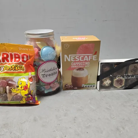 APPROXIMATELY 6 ASSORTED FOOD ITEMS TO INCLUDE - HARIBO TANGOFASTICS , HOTEL CHOCOLAT ETC