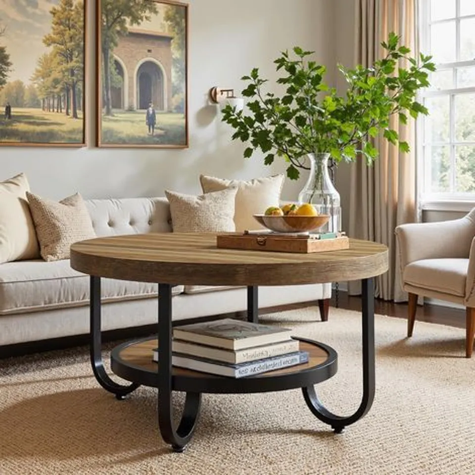 BOXED TRIBESIGNS 2-TIER ROUND COFFEE TABLE WITH STORAGE SHELF FOR LIVING ROOM, 31.1-INCH CENTER COCKTAIL TABLE WITH STURDY CURVED METAL LEGS, EASY ASSEMBLY, BROWN