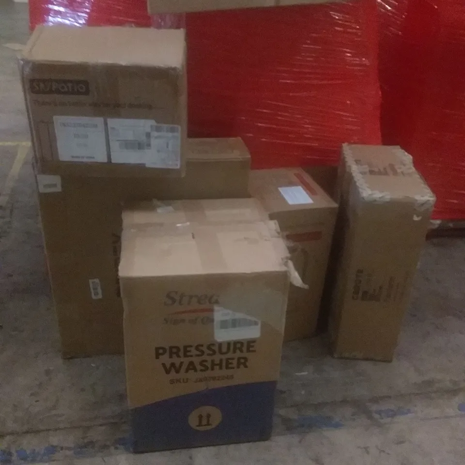 PALLET OF ASSORTED ITEMS INCLUDING PRESSURE WASHER, VANITY MIRROR, BLADELESS FAN, COOKWARE SET
