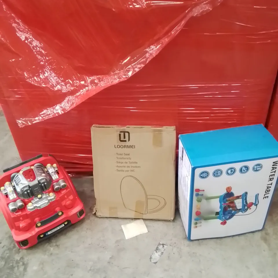 PALLET OF ASSORTED HOUSEHOLD GOODS AND PRODUCTS TO INCLUDE;WATER TABLE,TOILET SEAT,KIDS TRUCK 