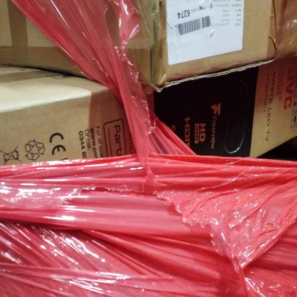 PALLET CONTAINING ASSORTED PRODUCTS INCLUDING DUAL ZONE AIR FRYER, WHITE LED TV & LUMBAR SUPPORT CHAIR 