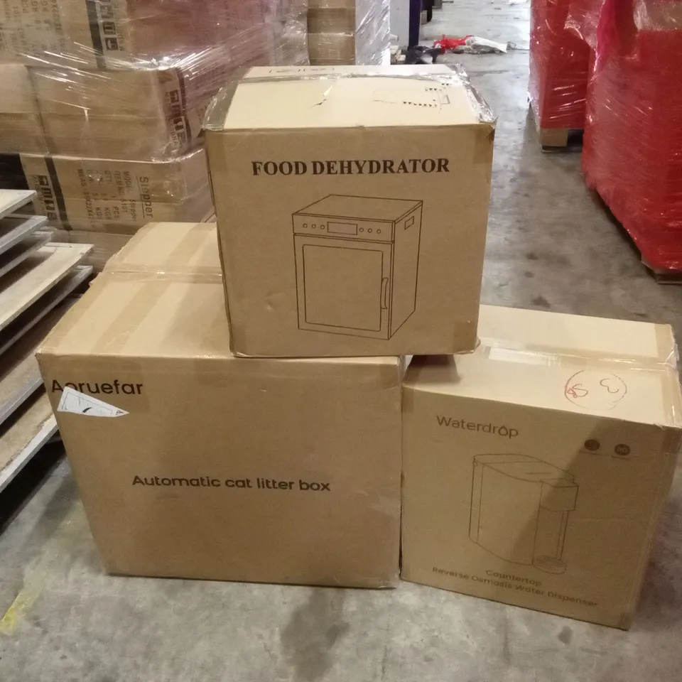 PALLET OF ASSORTED HOUSEHOLD GOODS AND PRODUCTS TO INCLUDE; AUTOMATIC CAT LITTER BOX, WATER DISPENSER, FOOD DEHYDRATOR ETC