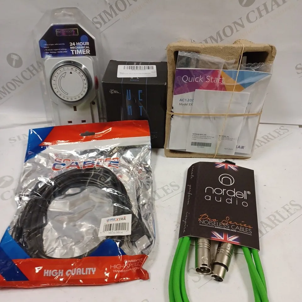 BOX TO CONTAIN APPROX. 8 X ASSORTED TECH PRODUCTS. INCLUDES CABLES, ROUTER, COMPUTER MOUSE ETC 