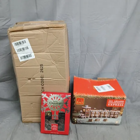 BOX OF APPROXIMATELY 6 ASSORTED CHRISTMAS HOUSEHOLD ITEMS TO INCLUDE - HOTEL CHOCOLAT CLASSIC CHRISTMAS SELECTION - THREE KINGS GINGERBREAD EXPRESS DECORATION - PRE LIT BAUBLE GARLAND - ETC