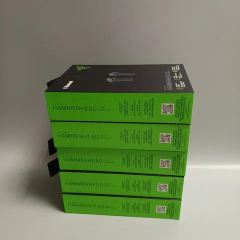 LOT OF 5 BOXED RAZER WIRELESS HEADPHONES IN BLACK AND GREEN INCLUDES CHARGING CASE, CABLE, WRIST STRAP AND SPARE BUDS
