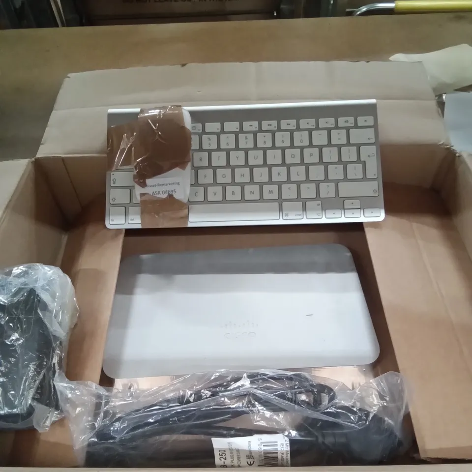 BOX OF ASSORTED ITEMS INCLUDING APPLE MOUSE/KEYBOARD, CISCO ROUTER AND POWER LEAD
