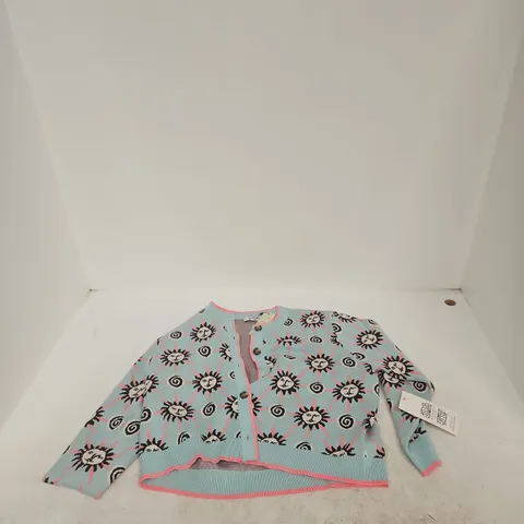 NEVER FULLY DRESSED CARDIGAN – LIGHT BLUE WITH SUN PRINT, PINK TRIM, UK XXL