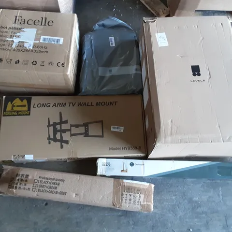 PALLET OF ASSORTED PRODUCTS INCLUDING FACELLE ROBOT PATISSERIE, LEVEL 8 SUITCASE, LONG ARM TV WALL MOUNT, DEFENDER DOOR BRACE, EONBON BREAD MAKER