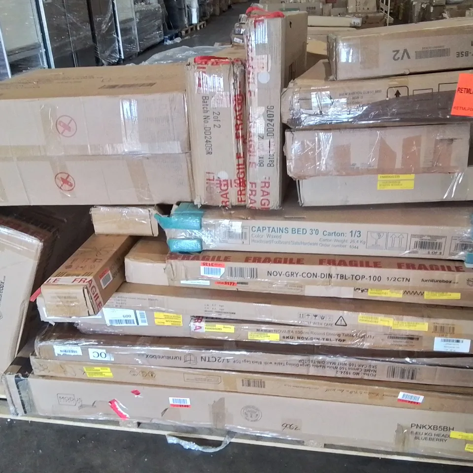 PALLET CONTAINING VARIOUS INCOMPLETE BOXED FURNITURE PARTS AND OTHER HOUSEHOLD ITEMS ETC.