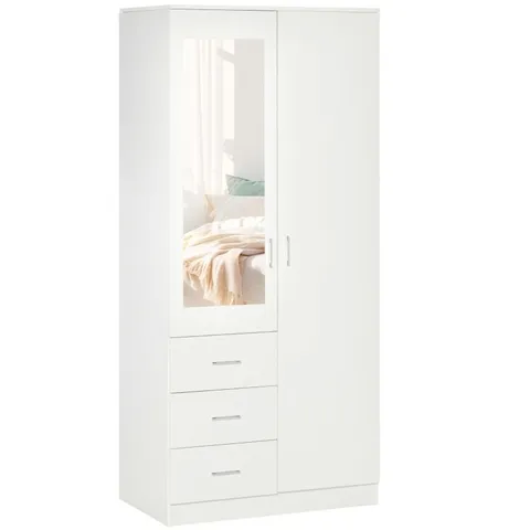 BOXED HOMCOM 2 DOOR 3 DRAWER MIRRORED WARDROBE WITH HANGING RAIL, MODERN CLOTHES STORAGE CUPBOARD WITH MIRROR, DRAWERS AND ADJUSTABLE SHELVES FOR BEDROOM, 80 X 50 X 180 CM, WHITE (3 BOXES)