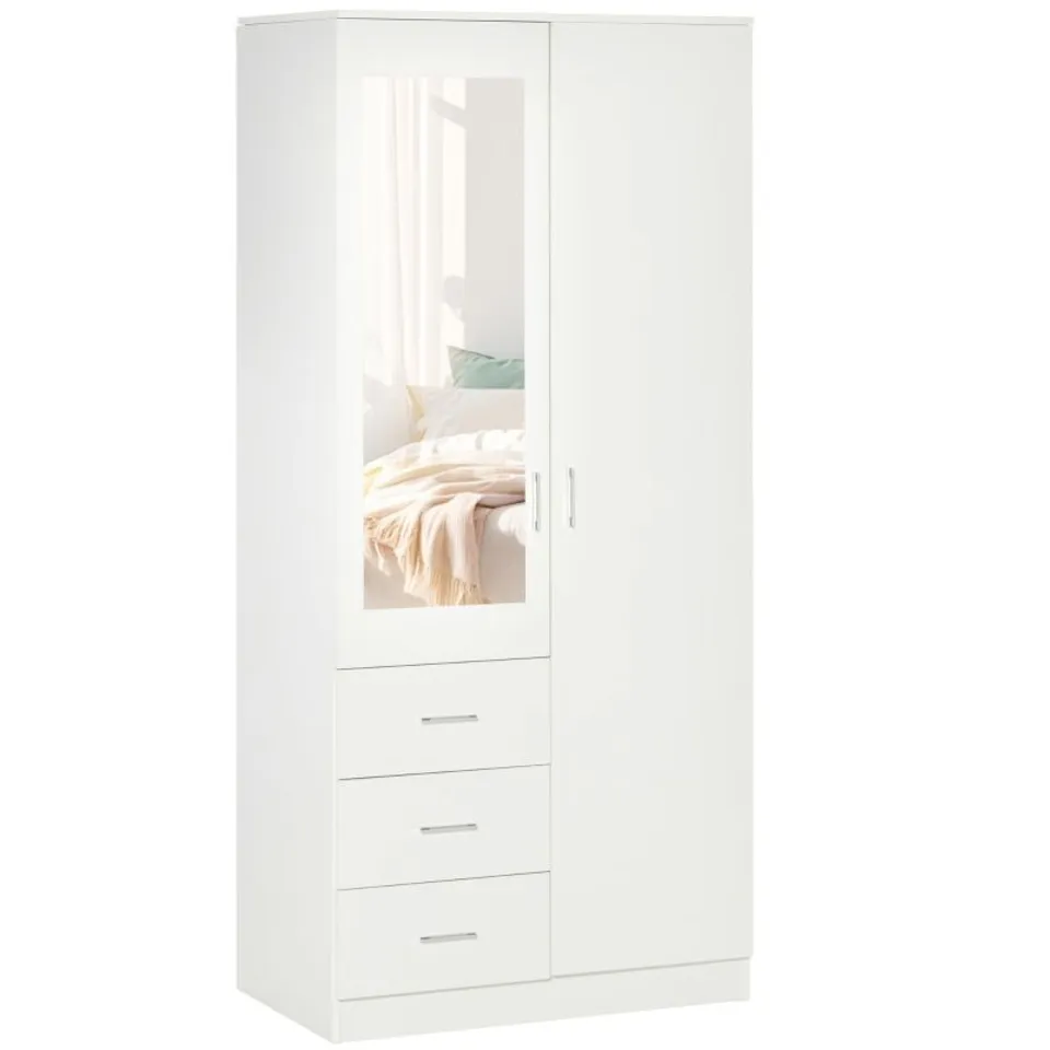 BOXED HOMCOM 2 DOOR 3 DRAWER MIRRORED WARDROBE WITH HANGING RAIL, MODERN CLOTHES STORAGE CUPBOARD WITH MIRROR, DRAWERS AND ADJUSTABLE SHELVES FOR BEDROOM, 80 X 50 X 180 CM, WHITE (3 BOXES)