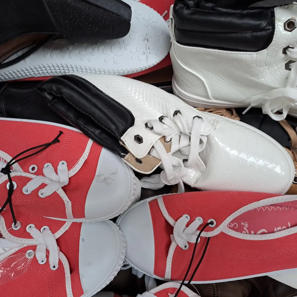 BOX OF APPROXIMATELY 10 ASSORTED PAIRS OF SHOES IN VARIOUS COLOURS, STYLES, AND SIZES