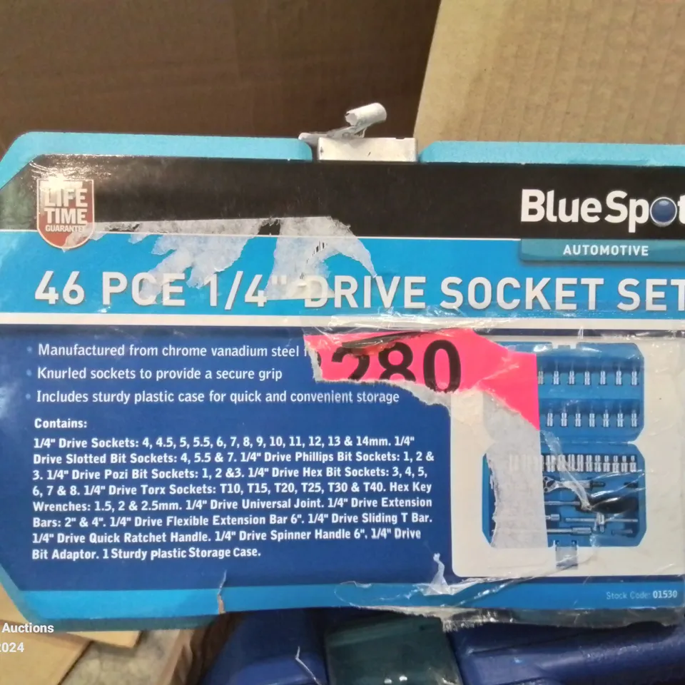 BOX CONTAINING MIXED TOOLS TO INCLUDE: 10PC LOCKING WHEEL NUT SET, 46 SOCKET SET, 94PC METRIC SOCKET SET, IMPACT TORX BIT SOCKETS 