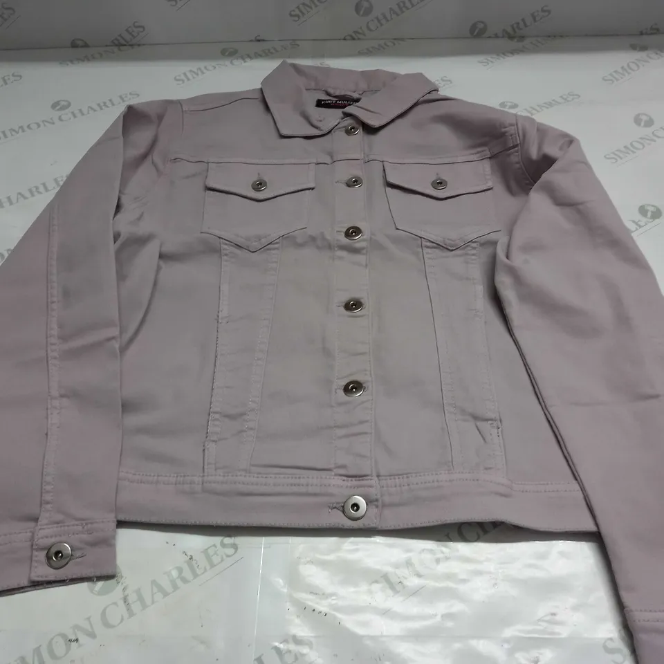 KURT MULLER WOMAN CROP FAUX DENIM JACKET IN PURPLE HAZE- UK 20