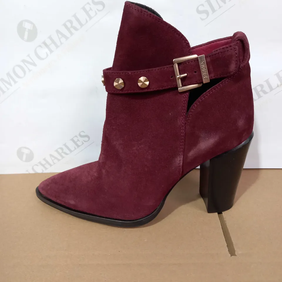 BOXED PAIR OF BRONX POINTED ANKLE BOOT WITH STUDDED BUCKLE DETAIL - BURGUNDY UK SIZE 6