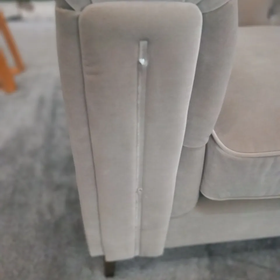 DESIGNER BEIGE VELVET FABRIC ARMCHIR WITH BUTTON DETAIL