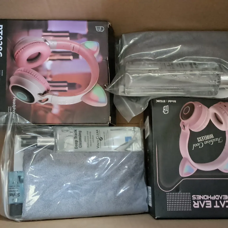 LOT OF 12 ASSORTED ITEMS TO INCLUDE CAT EAR HEADPHONES, WIFI REPEATER AND VINYL CLEANING KITS