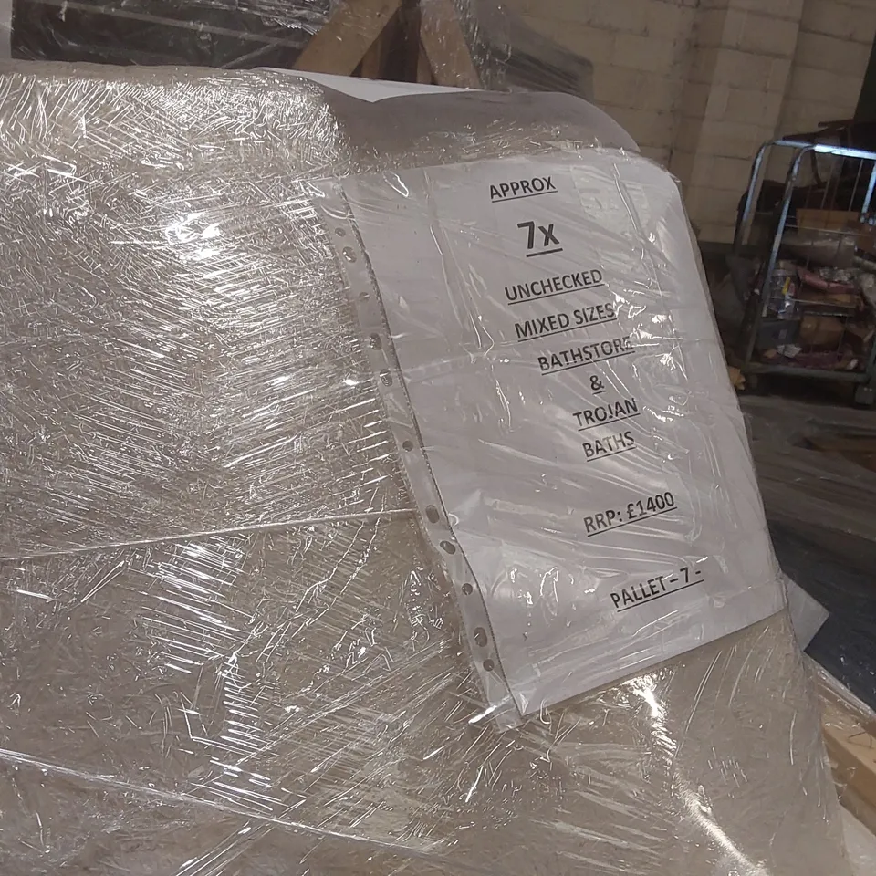 PALLET CONTAINING APPROXIMATELY 7x MIXED BATHSTORE & TROJAN BATH TUBS