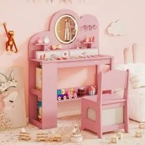 BOXED COSTWAY MAKEUP TABLE SET FOR GIRLS WITH LIGHTING & MIRROR - PINK PRINCESS TABLE AND CHAIR WITH 2 DRAWERS