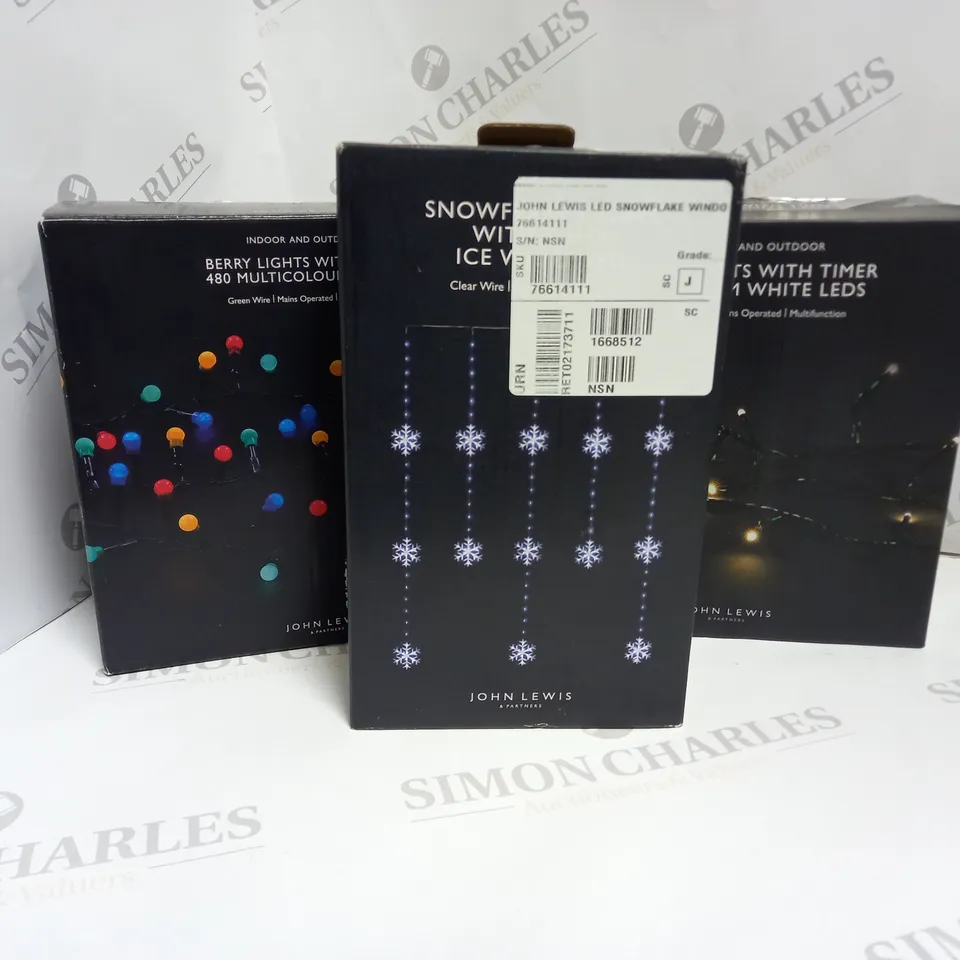 3 ASSORTED JOHN LEWIS DECORATIVE LIGHTS TO INCLUDE 480 MULTICOLOURED BERRY LIGHTS, 720 WARM WHITE LED LINE LIGHTS, AND SNOWFLAKE WINDOW LIGHTS 