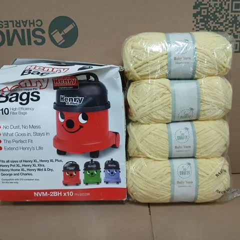 BOX OF APPROXIMATELY 15 ASSORTED HOUSEHOLD ITEMS TO INCLUDE CRAFTY BARBY YARN MULTIPACK, HENRY BAGS, ETC