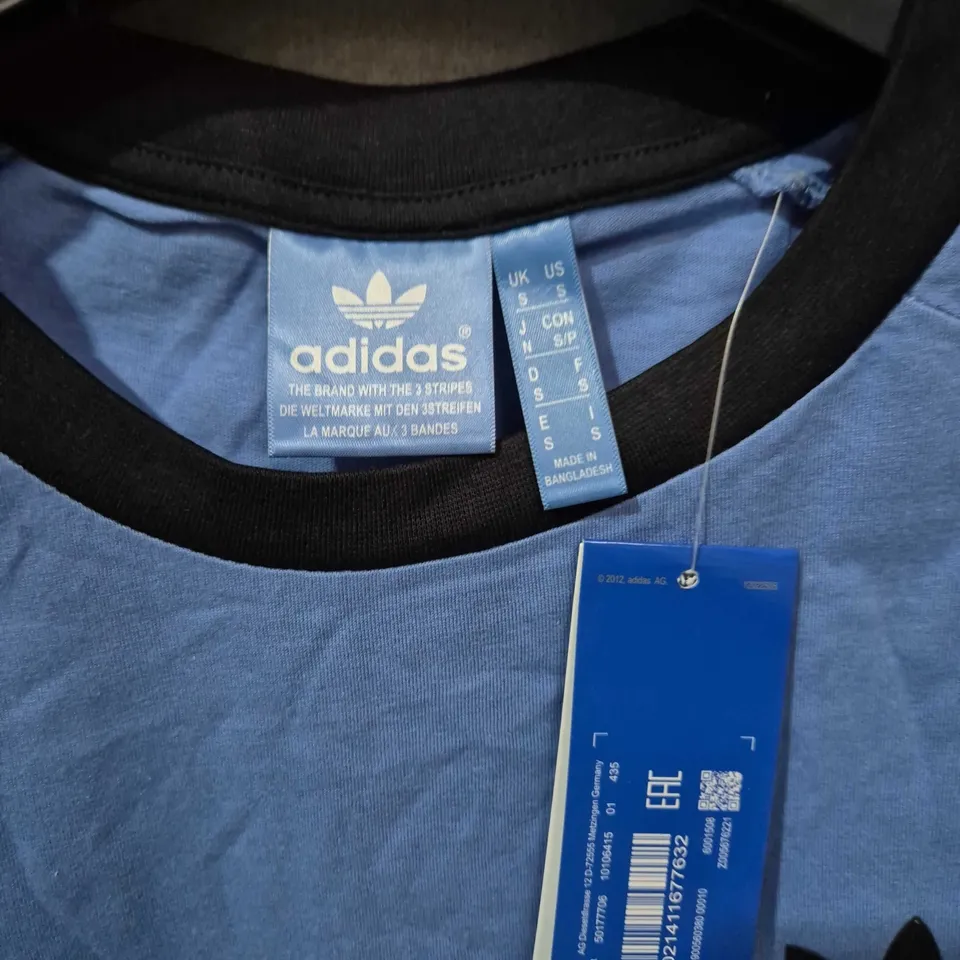 ADIDAS T-SHIRT BLUE WITH THREE STRIPES AND TREFOIL LOGO – UK S