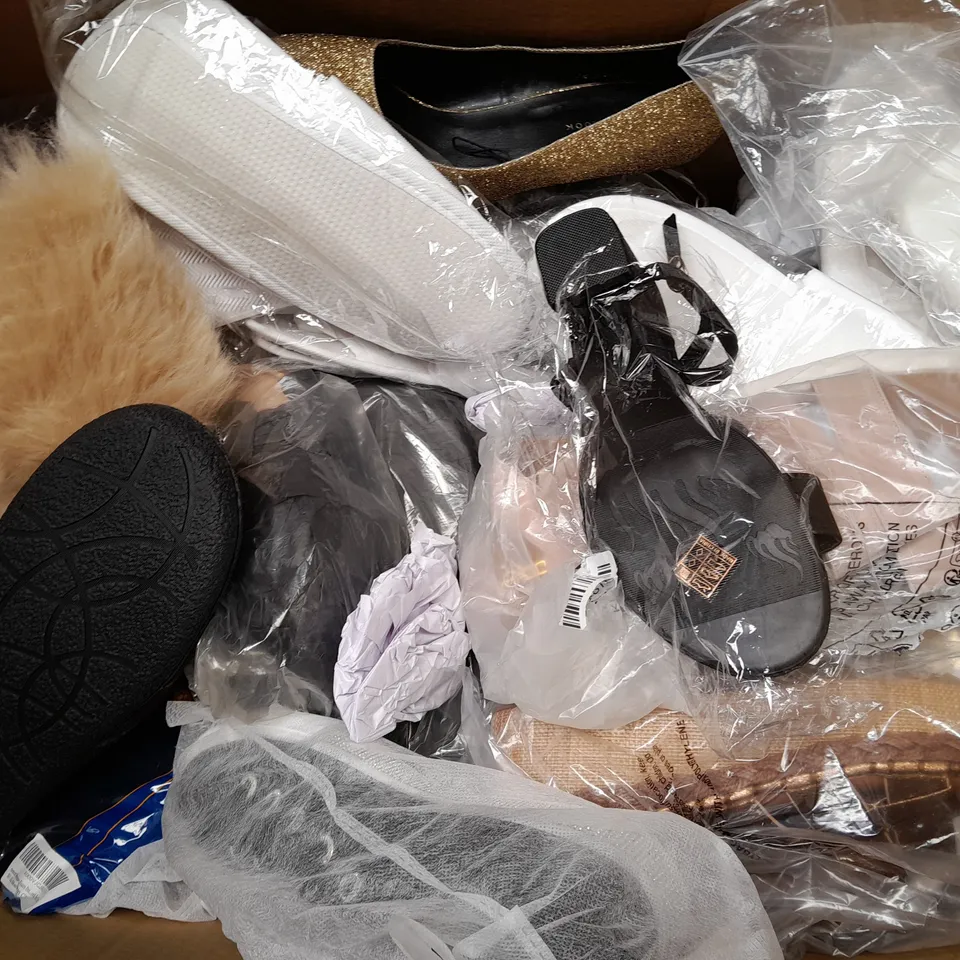 BOX OF APPROXIMATELY 15 PAIRS OF SHOES TO INCLUDE - SLIPPERS , SANDALS , HIGH HEELS ETC
