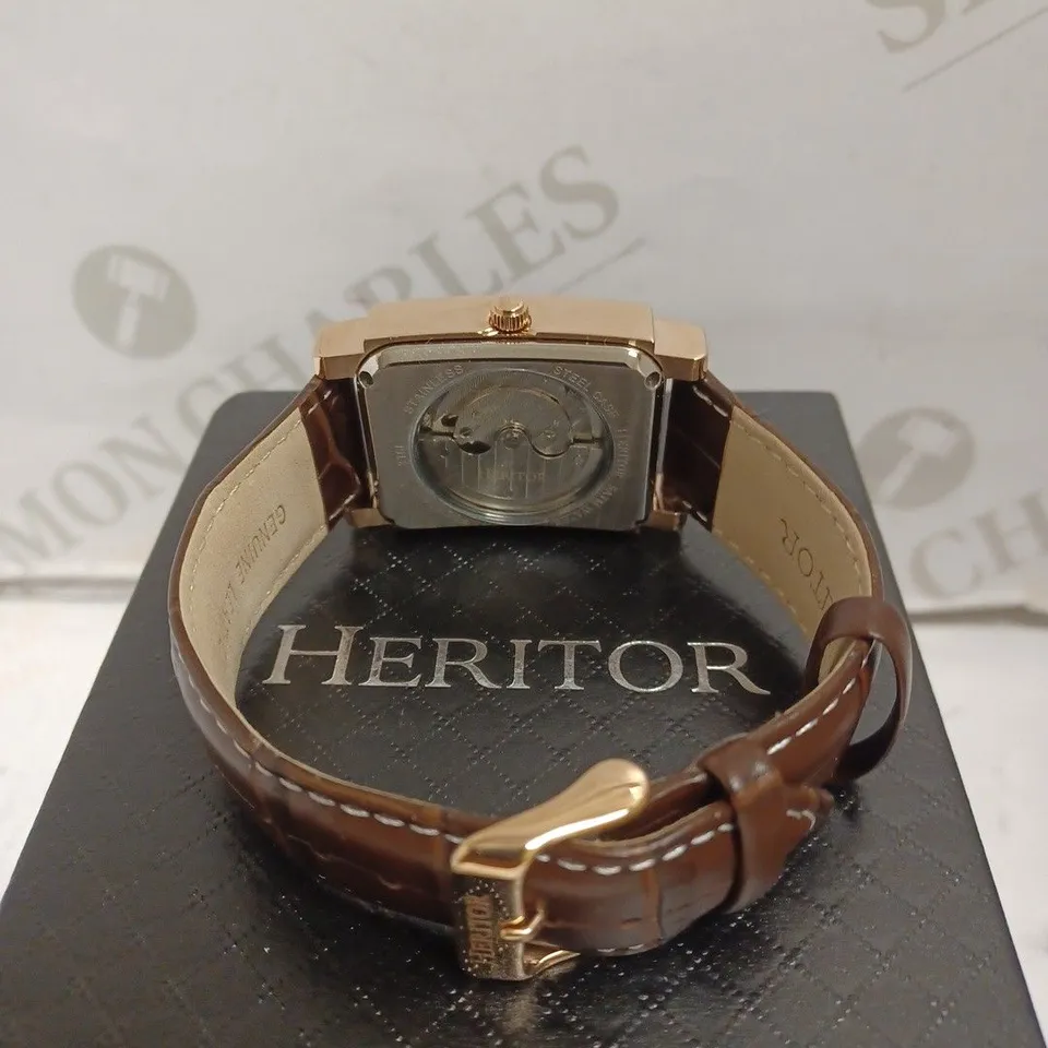 BOXED HERITOR WATCH - STAINLESS STEEL - LEATHER STRAP - SKELETON BACK - WATER RESISTANT 5 ATM. 