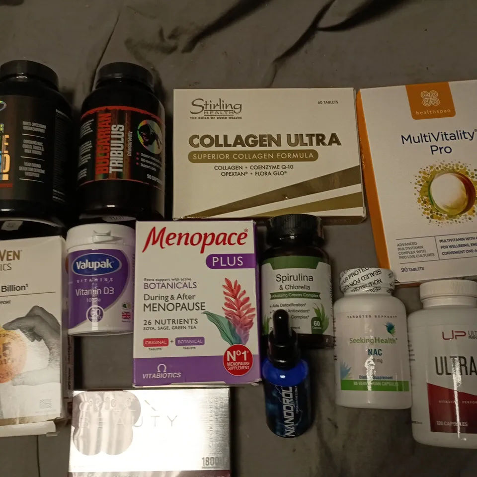 LOT OF APPROXIMATELY 20 ASSORTED VITAMINS PACKS ITEMS TO INCLUDE COLLAGEN ULTRA, MONOPACE PLUS AND SPIRULINA AND COLLAGEN