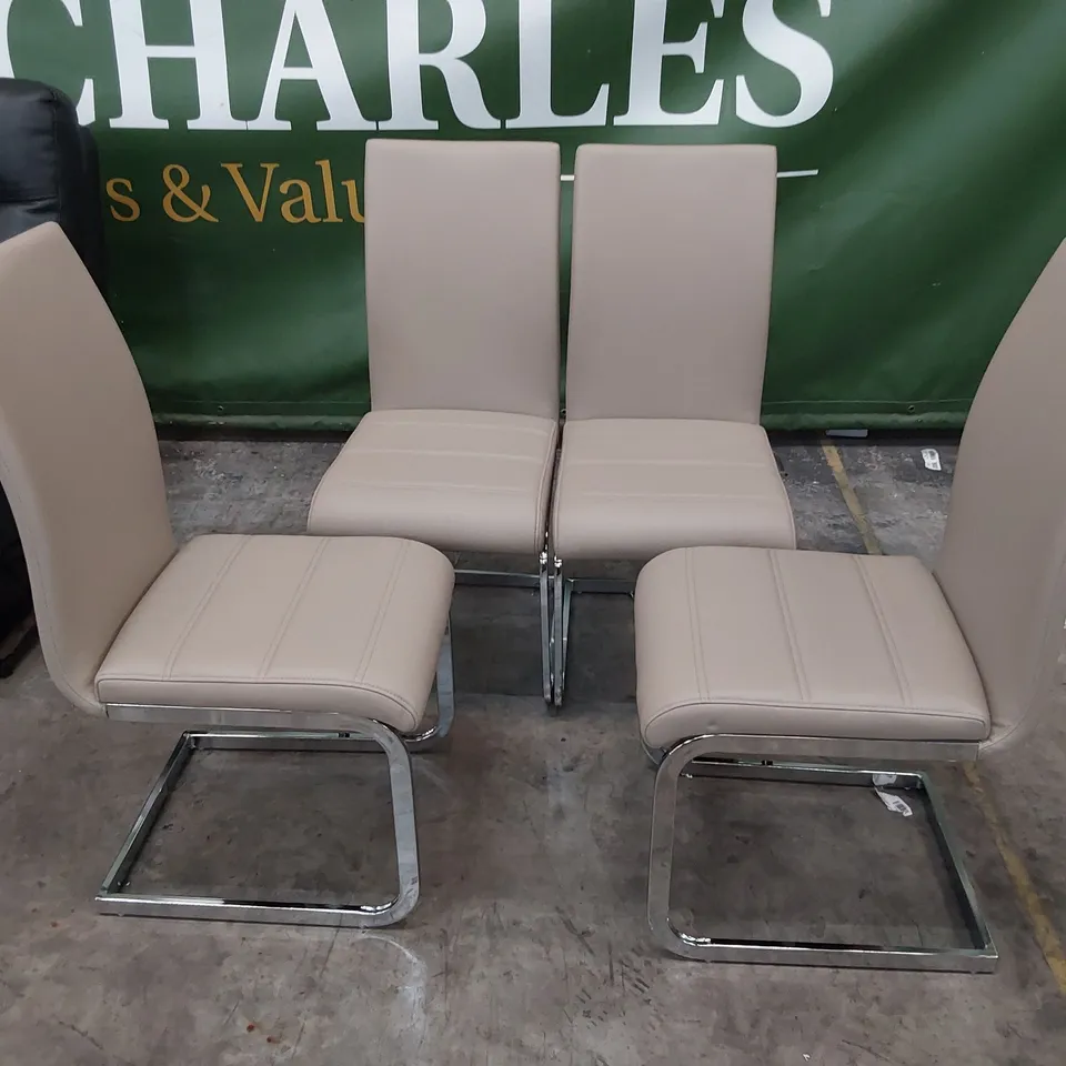 SET OF FOUR UPHOLSTERED DINING CHAIRS FAWN PU ON CHROME FRAME