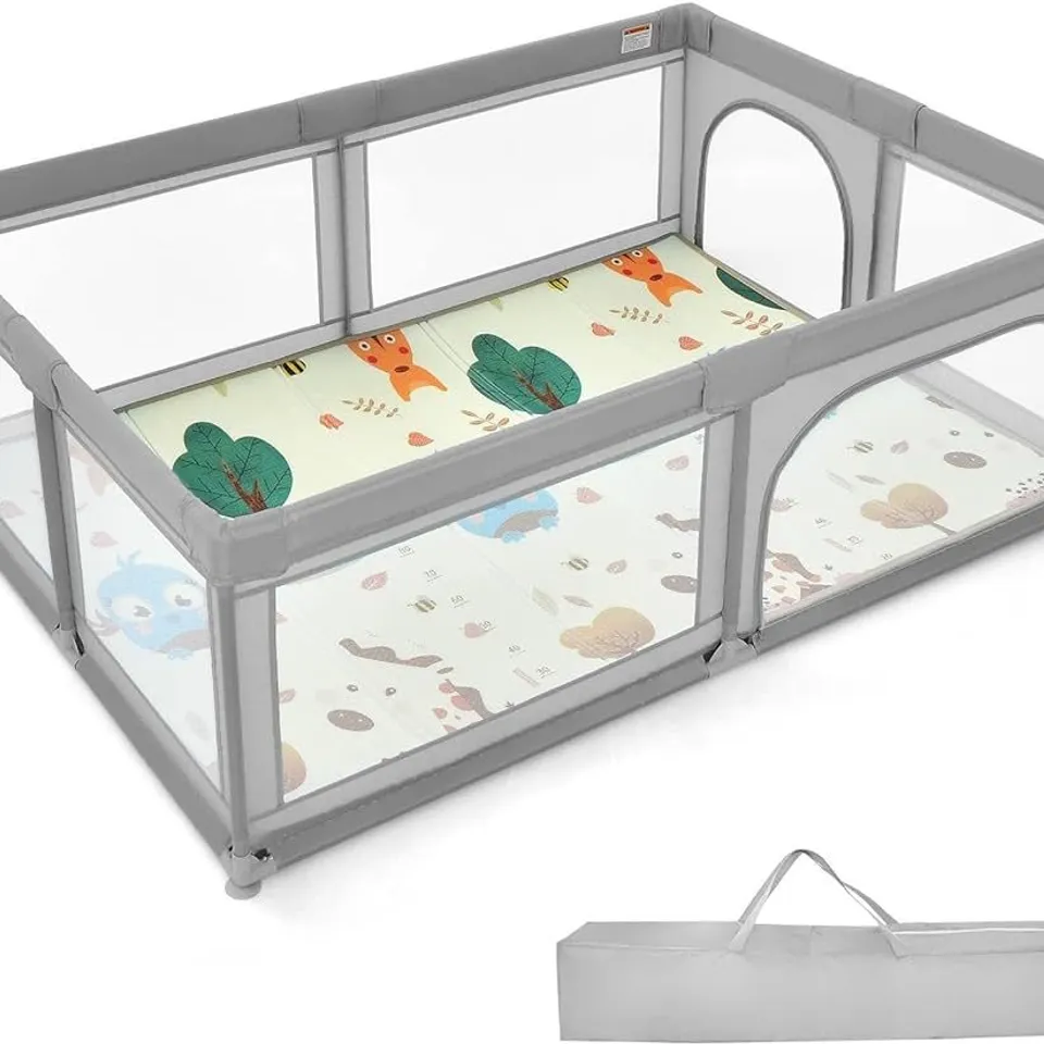 BOXED BABY PLAYPEN WITH 50 PIECE OCEAN BALLS AND NON-SLIP SUCTION CUPS - LIGHT GREY