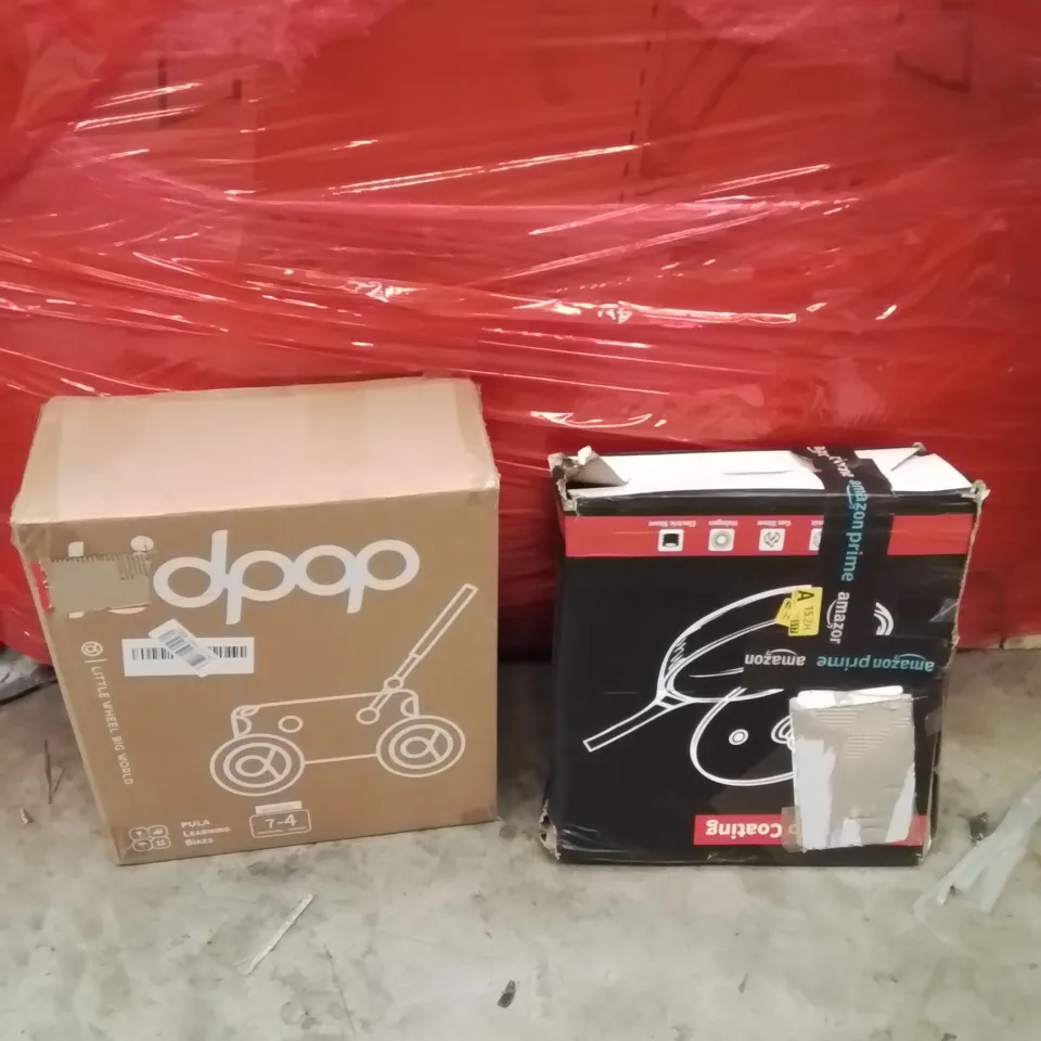 PALLET OF ASSORTED HOUSEHOLD GOODS AND PRODUCTS TO INCLUDE; LEARNING BIKE,PANS