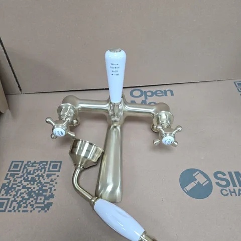 BATH SHOWER MIXER TAP – BRASS FINISH WITH WHITE CERAMIC LEVERS