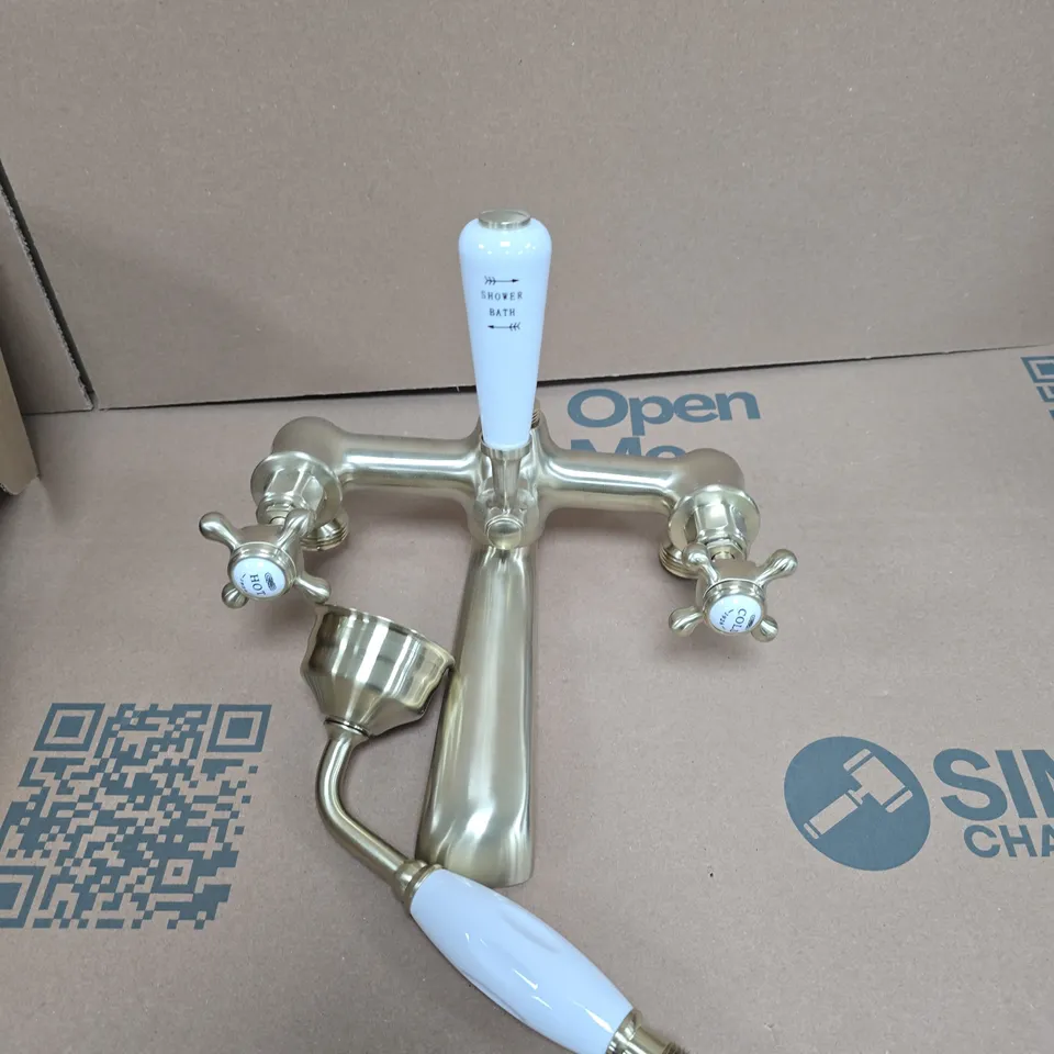 BATH SHOWER MIXER TAP – BRASS FINISH WITH WHITE CERAMIC LEVERS