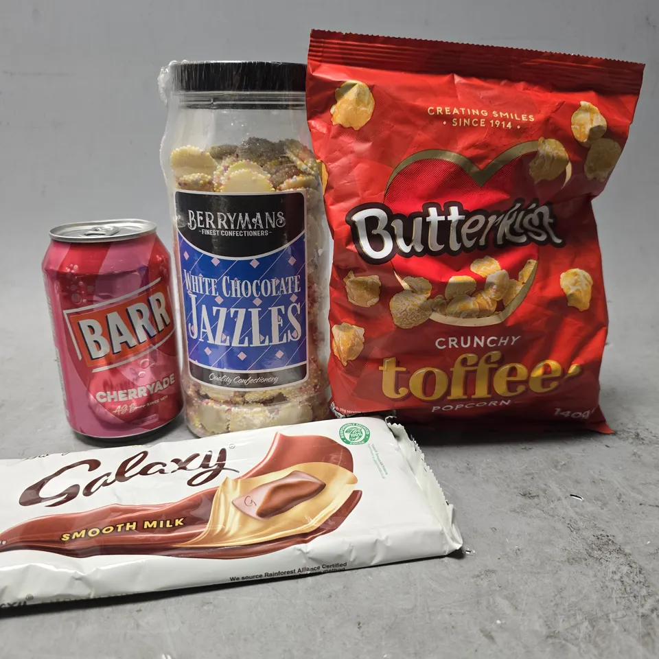 APPROXIMATELY 12 ASSORTED FOOD & DRINK ITEMS TO INCLUDE - BARR CHERRYADE , GALAXY CHOCOLATE ETC