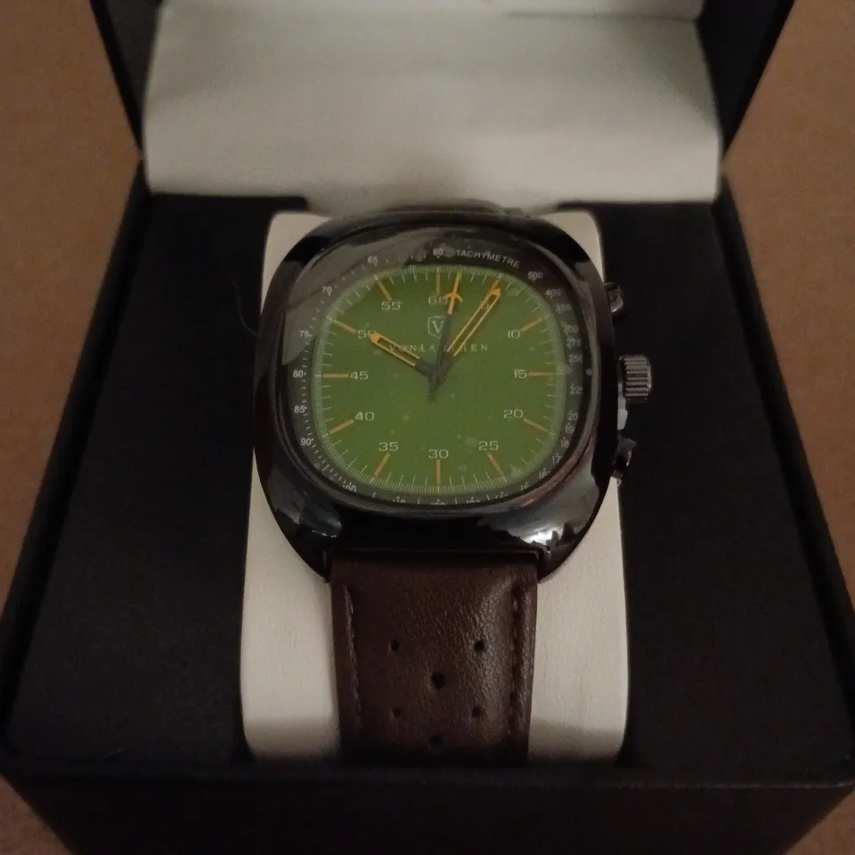 VONLANTHEN AVIATION WATCH FEATURING A GREEN DIAL AND A BROWN PERFORATED LEATHER STRAP