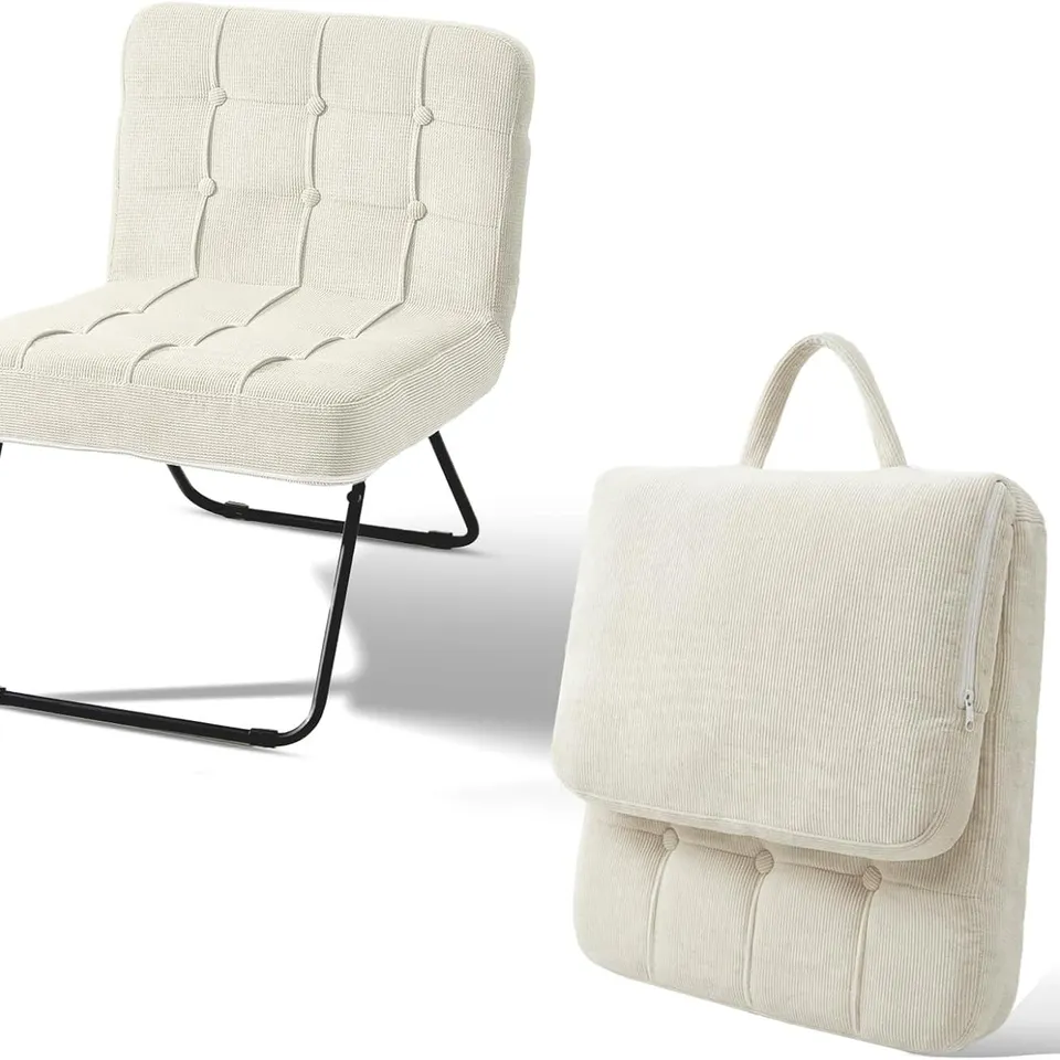 BOXED FOLDING ACCENT CHAIR CORDUROY FABRIC, HAND CARRY DESIGN - CREAM 