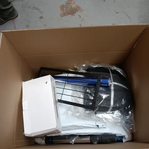 BOX OF APPROXIMATELY 20 ASSORTED GOODS INCLUDING LED FLOWER FAN LIGHT, AUDIOLINE PHONE AND BOXING GLOVES