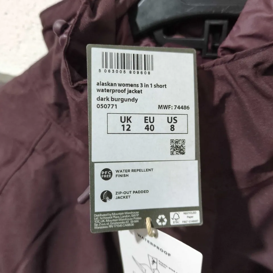MOUNTAIN WAREHOUSE EXTREME ALASKAN WOMEN'S 3-IN-1 SHORT WATERPROOF JACKET – DARK BURGUNDY, UK 12