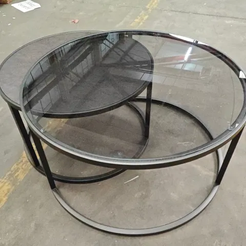 PAIR OF CIRCULAR GLASS TOPPED NESTING TABLES IN BLACK - DIAMETER 79CM