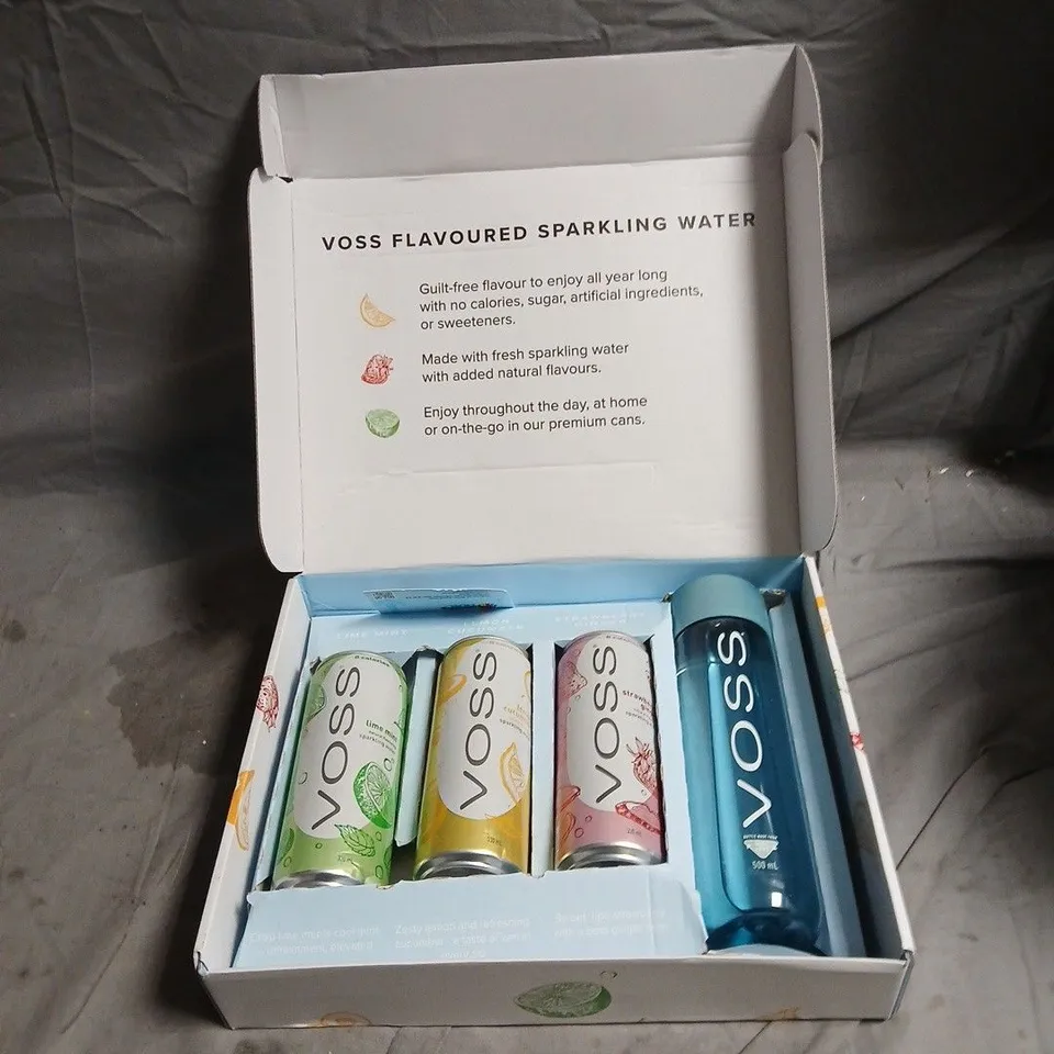 VOSS FLAVOURED SPARKLING WATER – ASSORTED, 3 X CANS + 1 X 500ML BOTTLE, BOXED