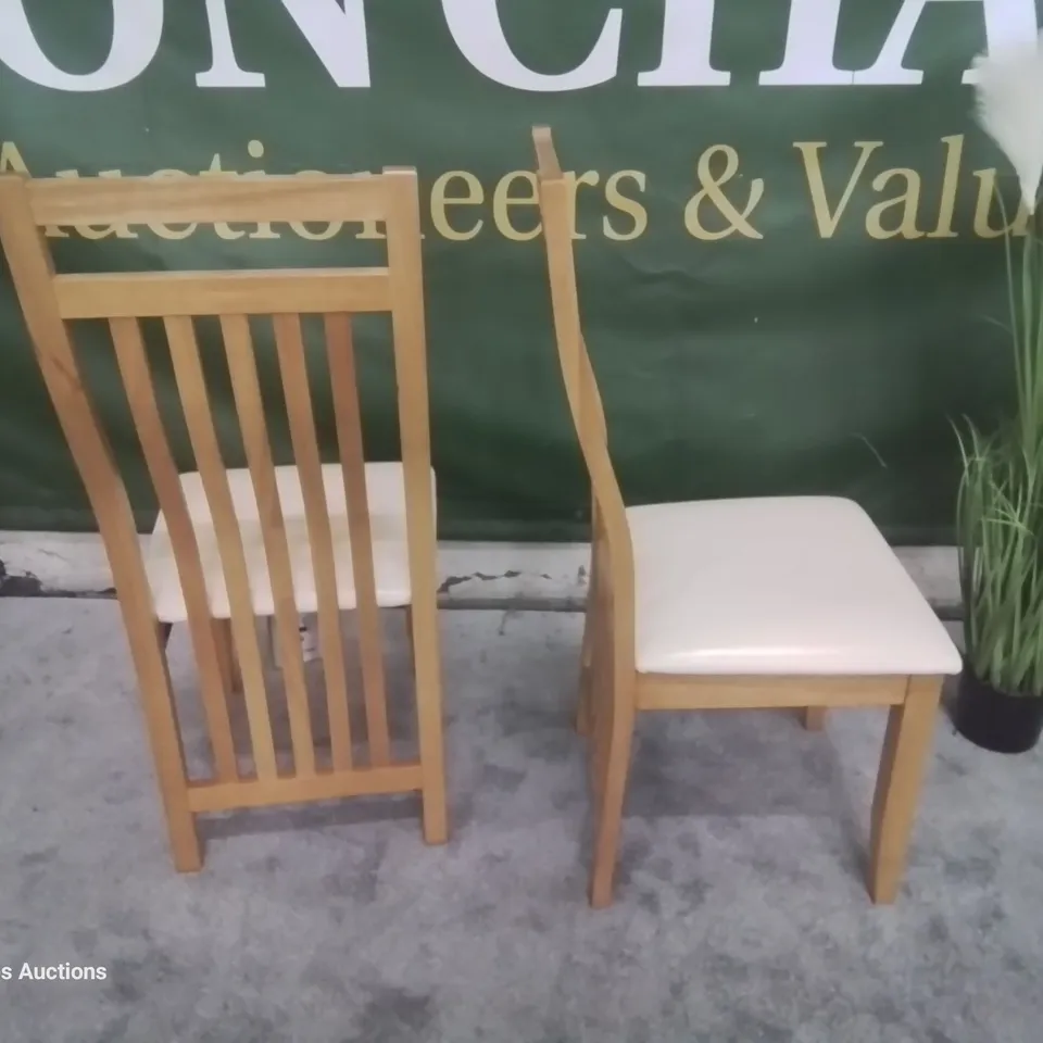 PAIR CHESTER OAK DINING CHAIRS IVORY SEAT PADS