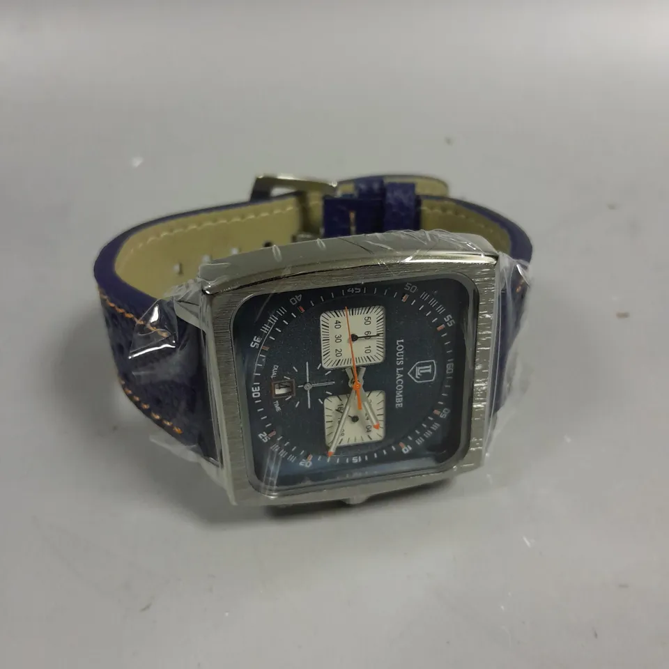 MENS LOUIS LACOMBE WATCH – SQUARE DIAL WITH WHITE SUB DIALS – LEATHER STRAP