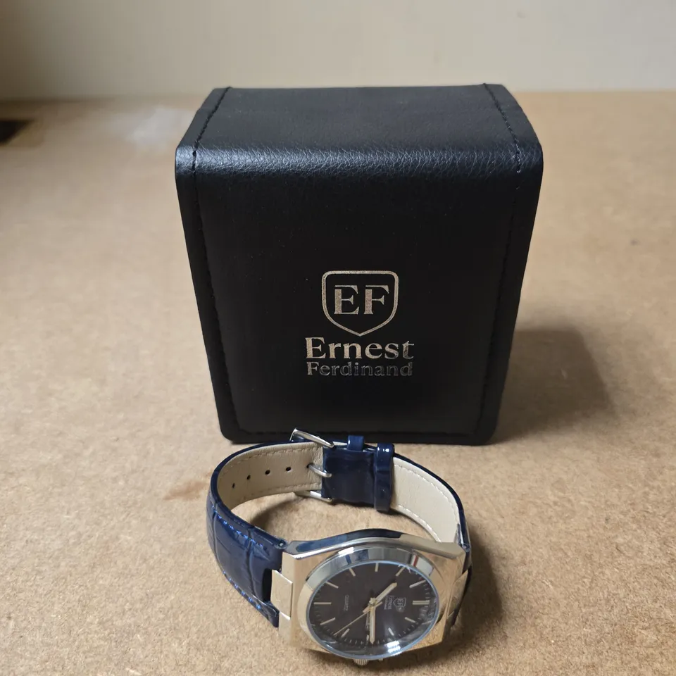 ERNEST FERDINAND EF WRISTWATCH –BLUE DIAL AND BLUE LEATHER STRAP, BOXED