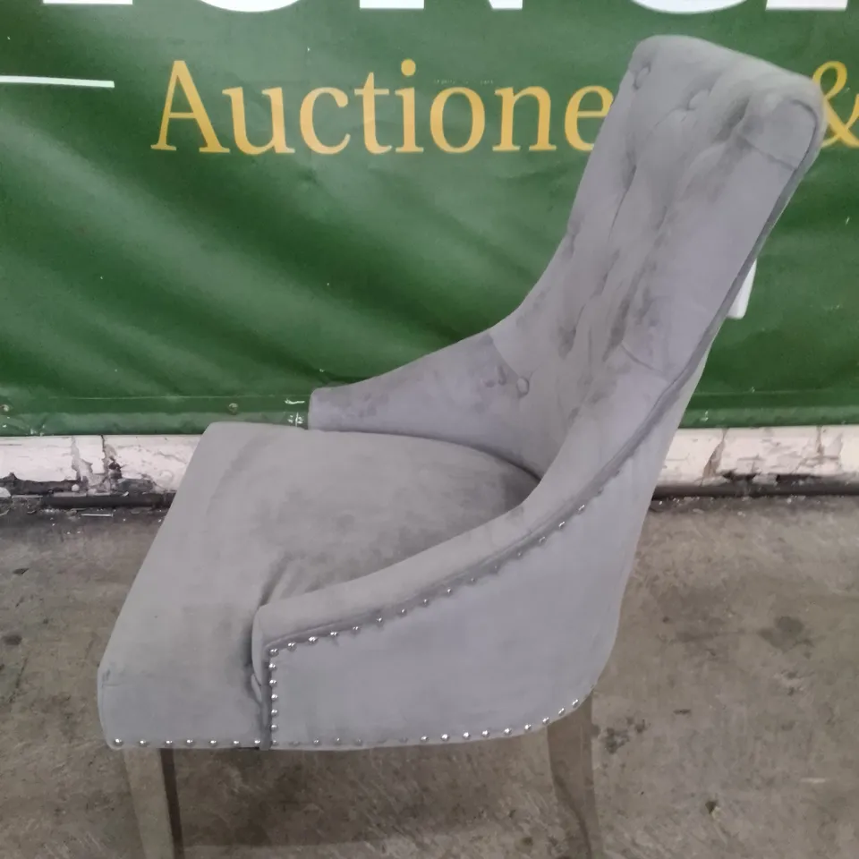 IMPERIAL GREY VELVET BUTTON BACK DINING CHAIR WITH CHROME LEGS