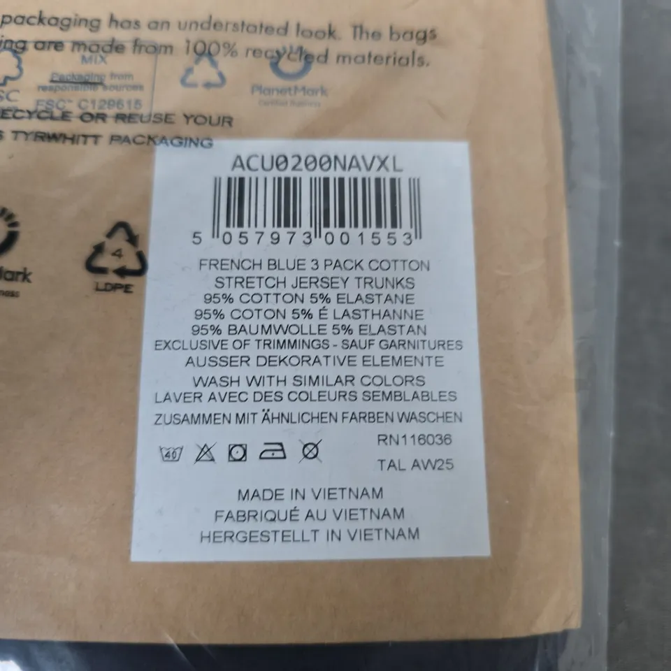 CHARLES TYRWHITT MEN'S FRENCH BLUE COTTON STRETCH JERSEY TRUNKS – 3 PACK, SIZE XL