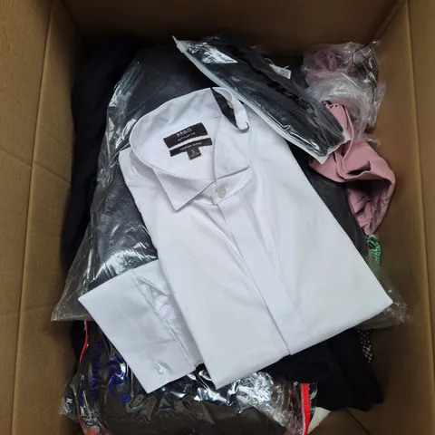 LARGE BOX OF ASSORTED CLOTHING ITEMS IN VARIOUS SIZES, STYLES AND COLOUR 